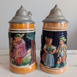 Pair of Vintage German Mini Beer Steins w/ Pewter Lids